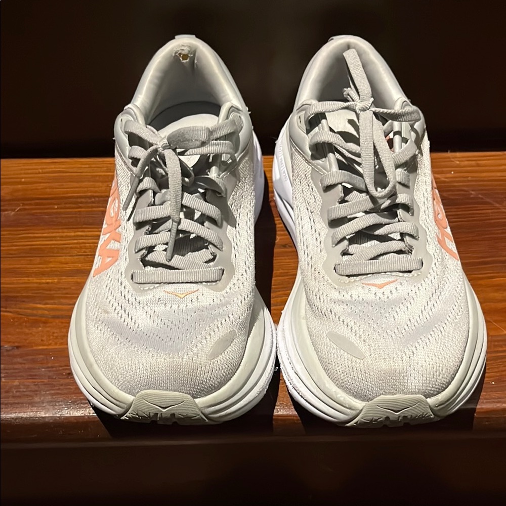 Hoka Gray and Peach Running Shoes